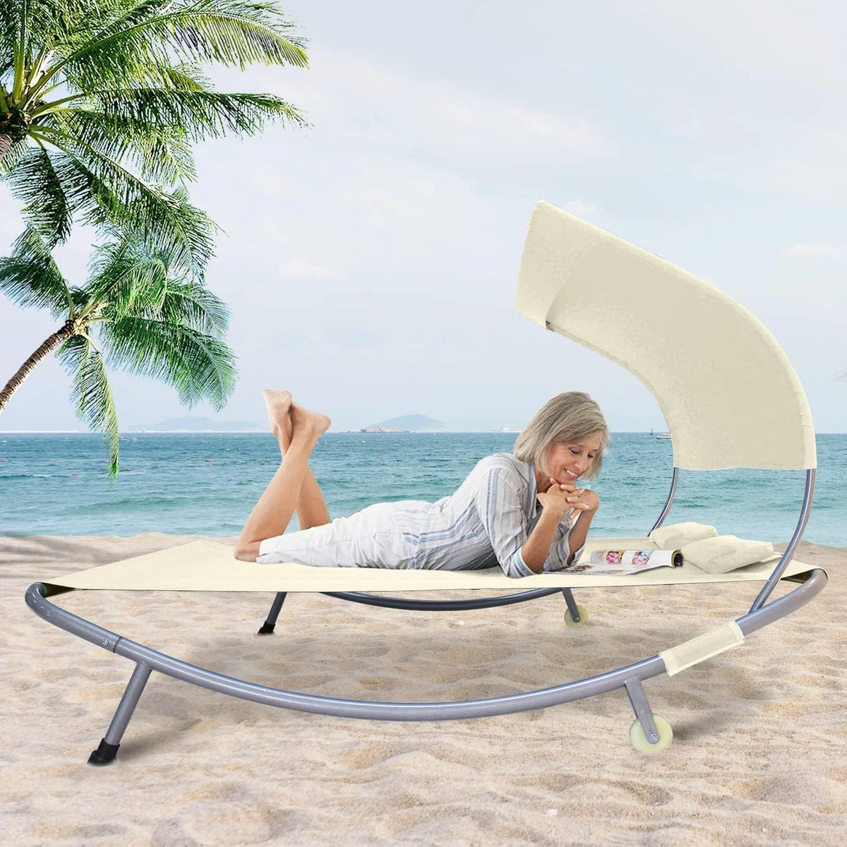 Double Chaise Lounge Bed with Canopy and Wheels J213