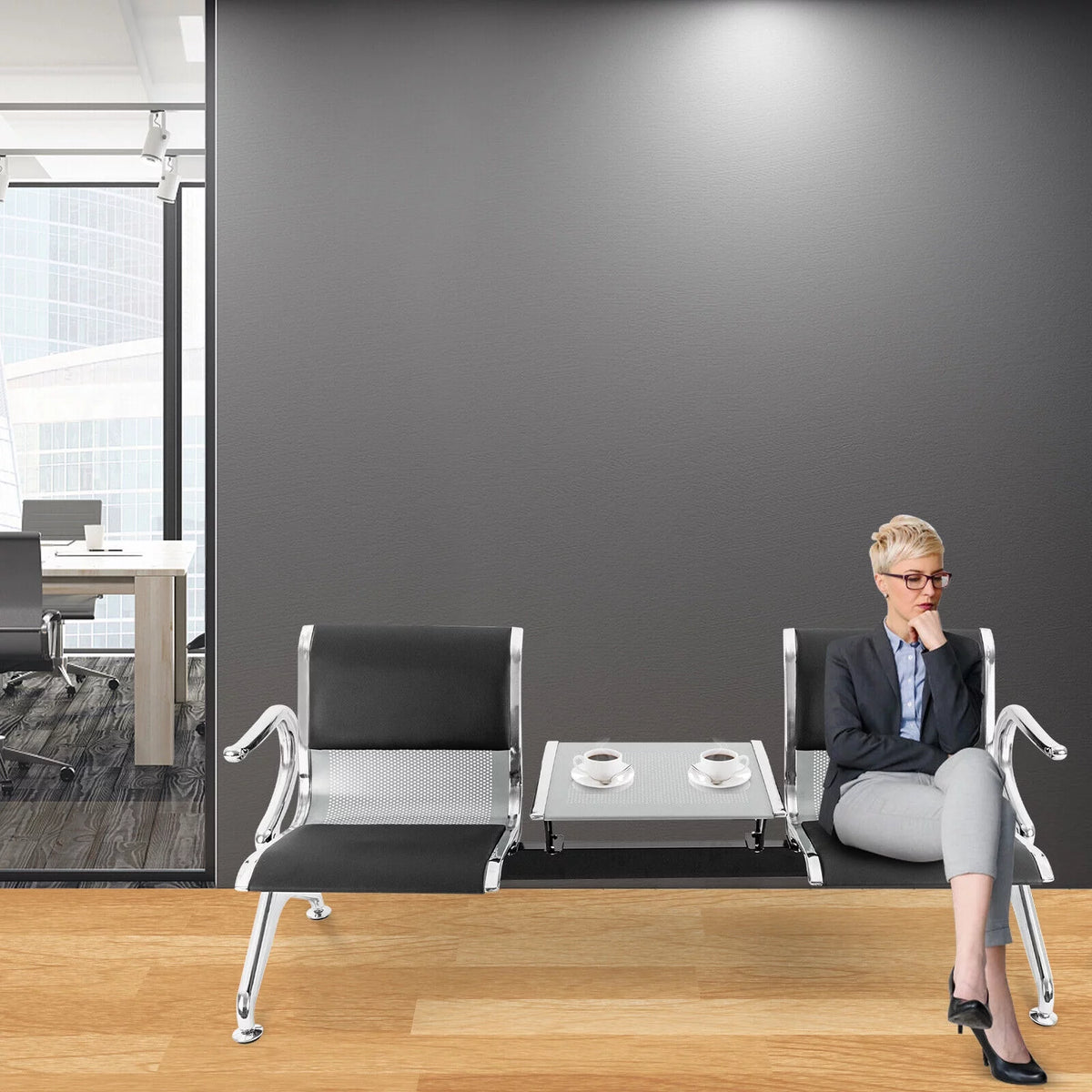 2 Seat PU Leather Reception Chairs with Table and Arms V4661