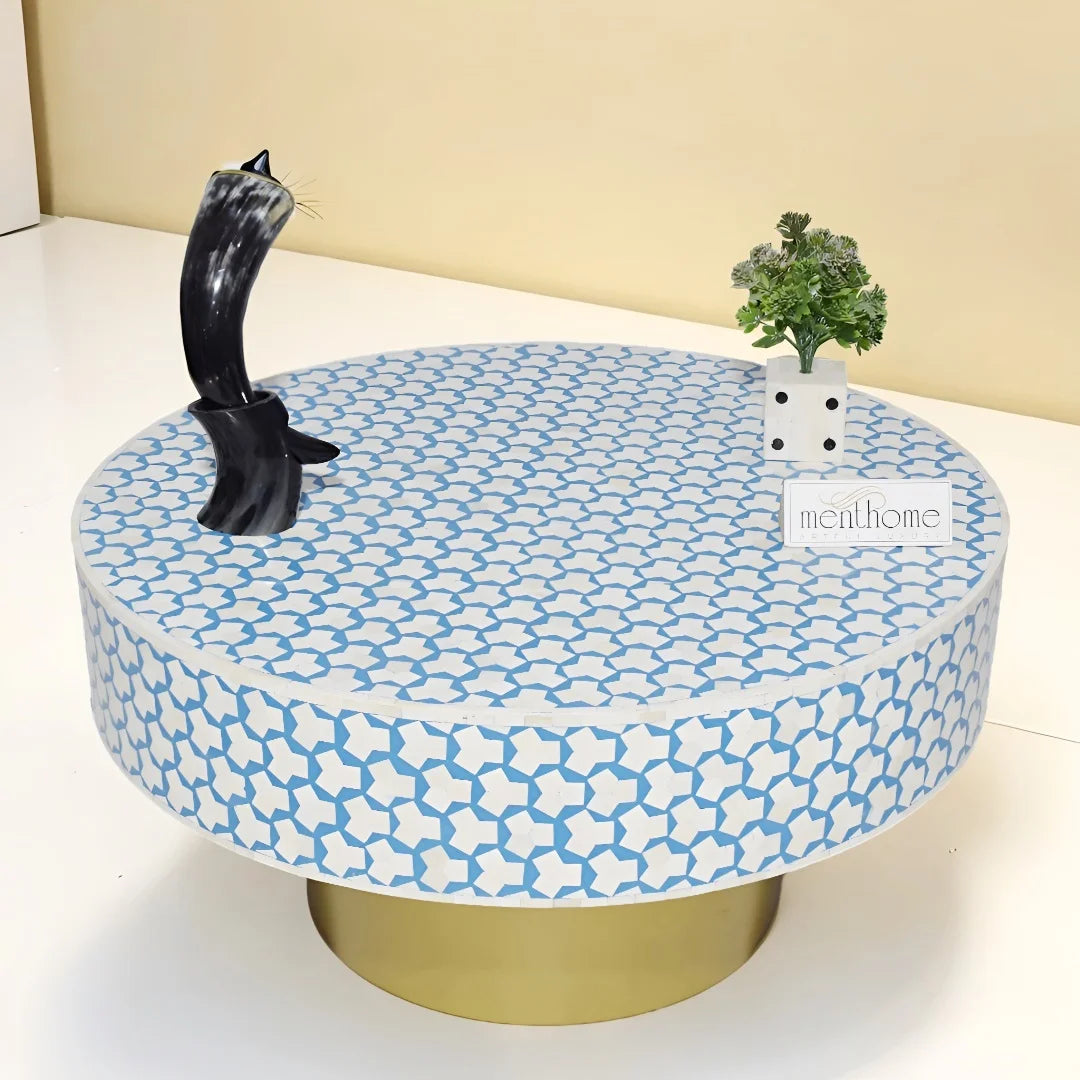 Sky Blue Round Coffee Table with Brass Base O776