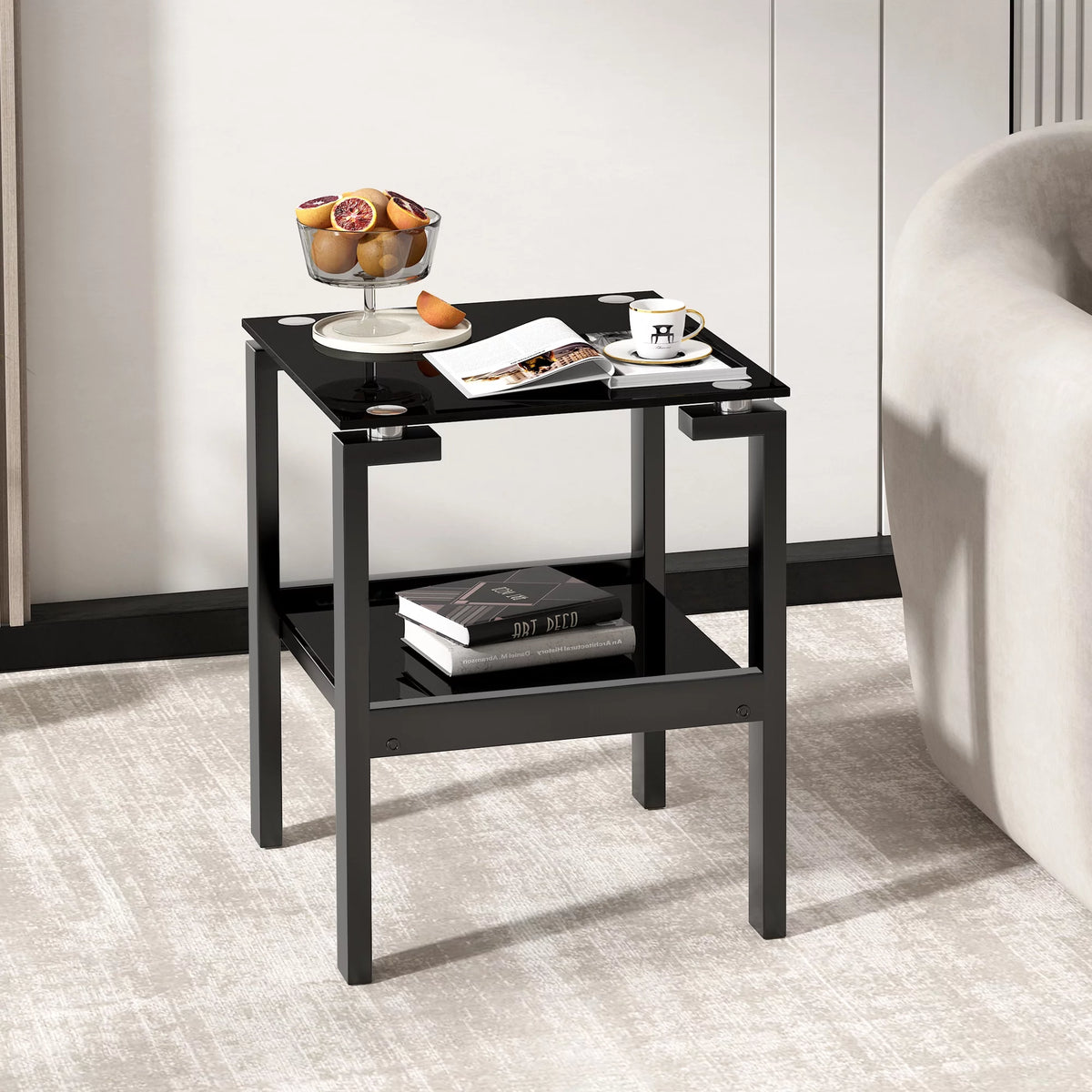 Black 2 Layer Glass End Table T109