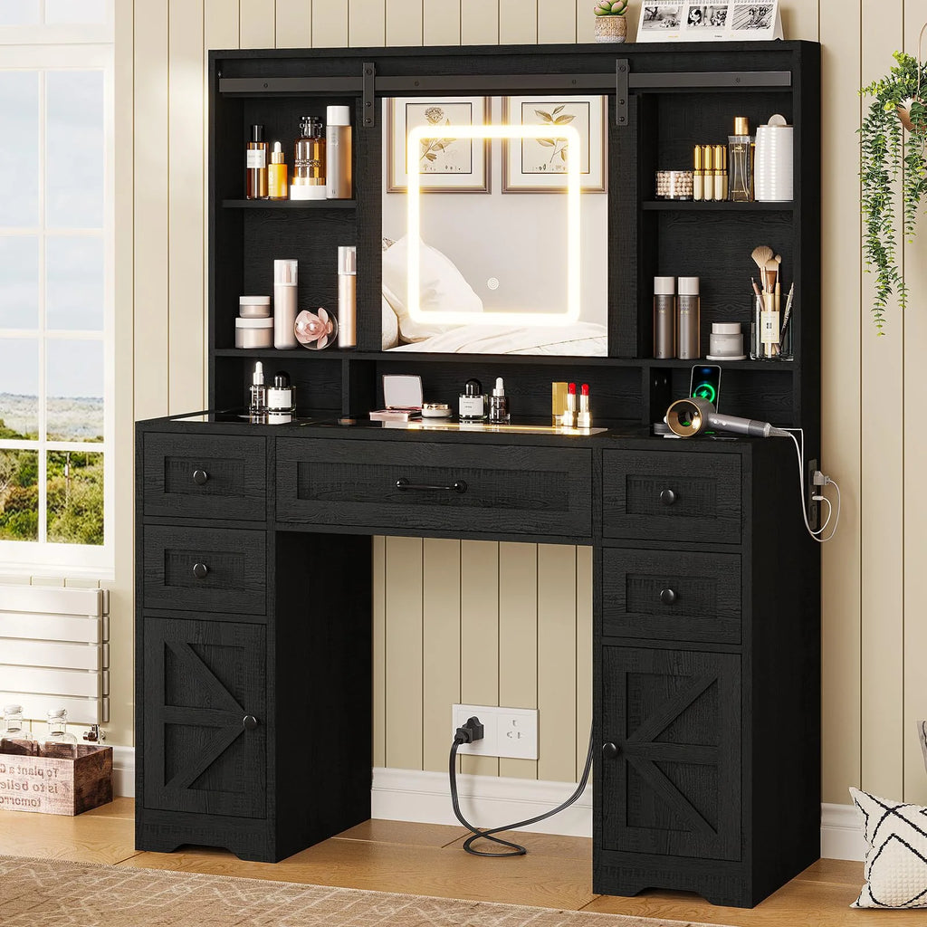 Black Vanity Desk with Lighted Mirror and 5 Drawers B69694