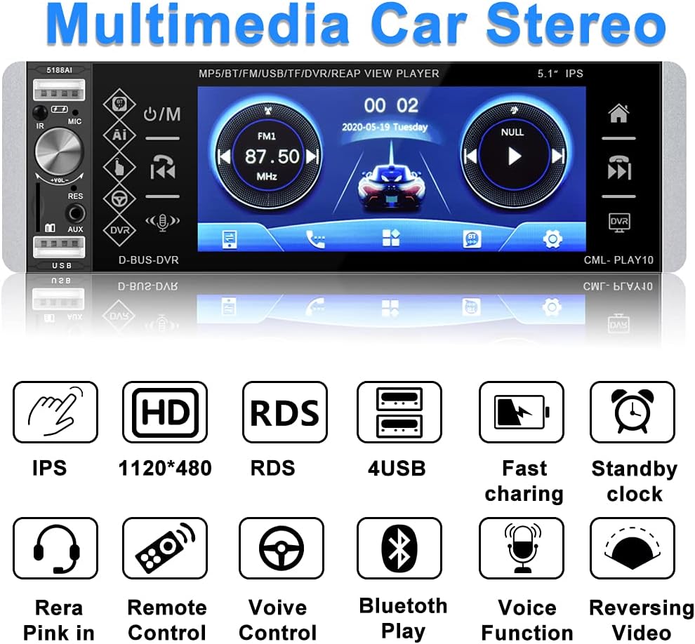 1 Din Bluetooth Touchscreen Car Stereo with Backup Camera E3081