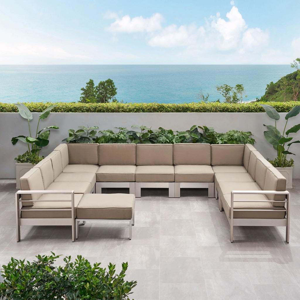 Silver and Khaki Outdoor Aluminum 11 Seater Sectional Sofa Set with Ottoman Y9175