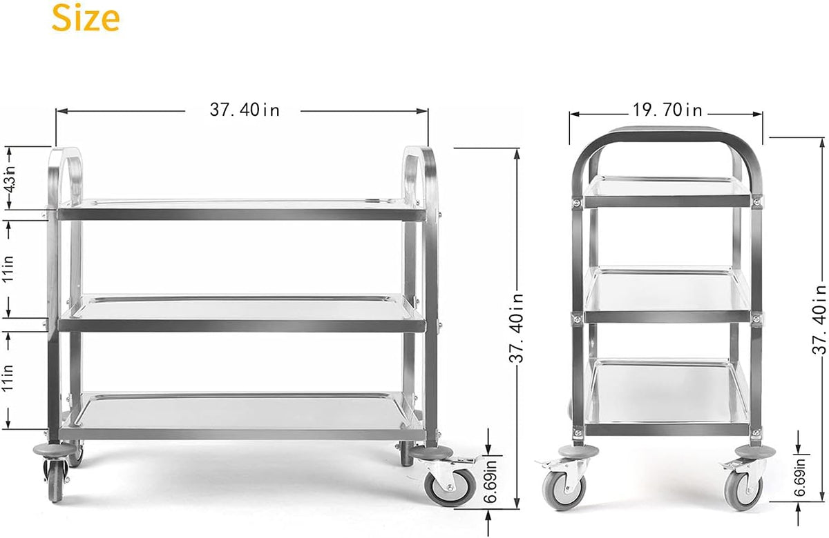 Large 3 Tier Stainless Steel Utility Rolling Cart with Locking Wheels U303497