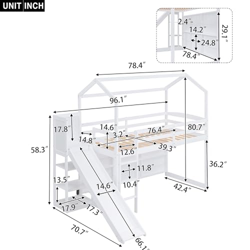 White Twin Size Wood House Loft Bed with Slide and Storage Shelves U9446