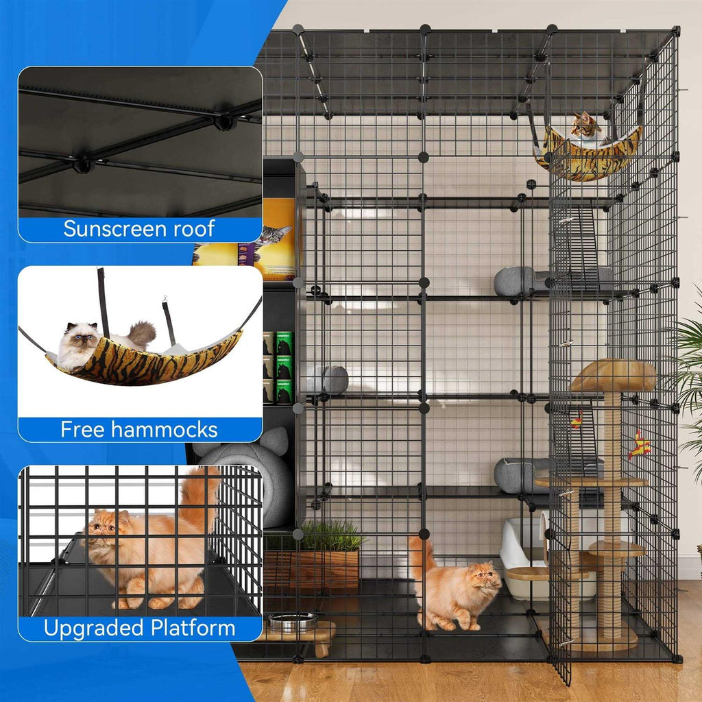Large Cat Cage 5-Tier Kennels with Cube Storage DIY Indoor Catio Enclosure Cat Playpen with Hammock F363