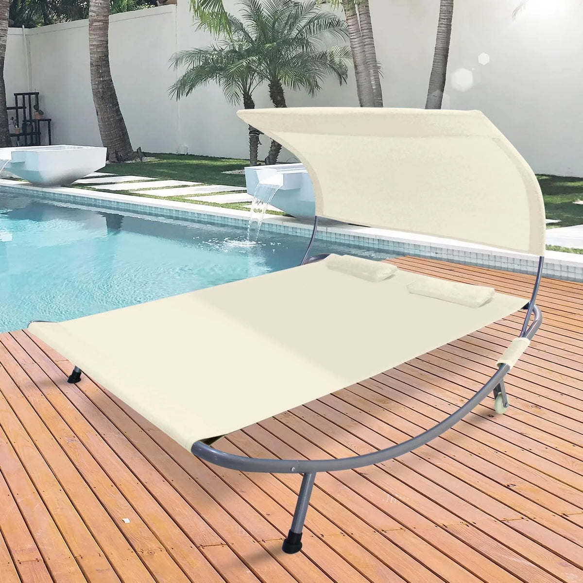 Double Chaise Lounge Bed with Canopy and Wheels J213