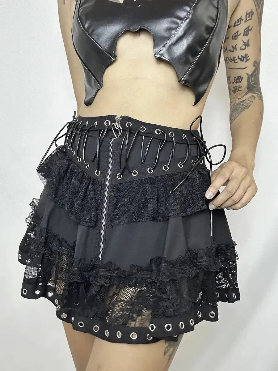 Goth Lolita Patchwork Lace Up Skirt B7029