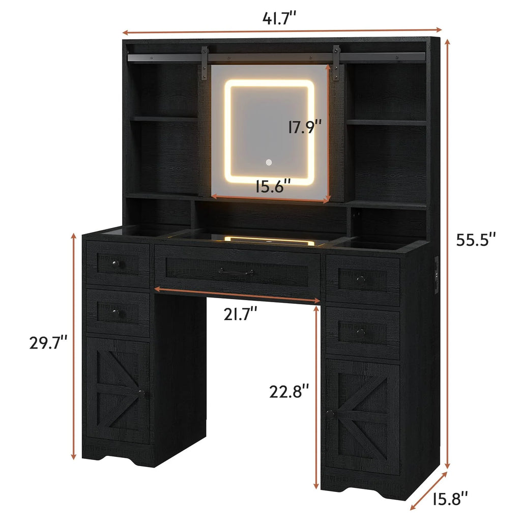 Black Vanity Desk with Lighted Mirror and 5 Drawers B69694