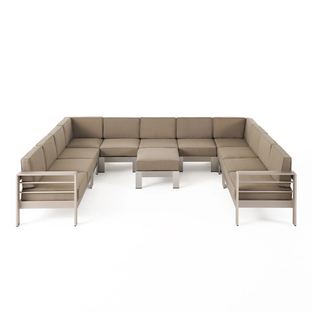 Silver and Khaki Outdoor Aluminum 11 Seater Sectional Sofa Set with Ottoman Y9175