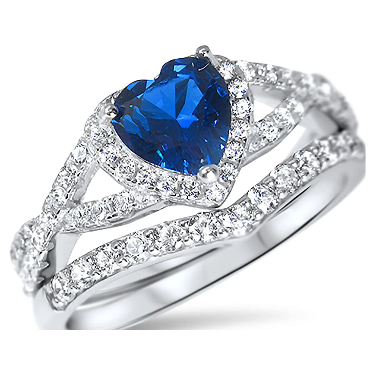 Sterling Blue Sapphire CZ Bridal Wedding Band Engagement Ring Set H65836