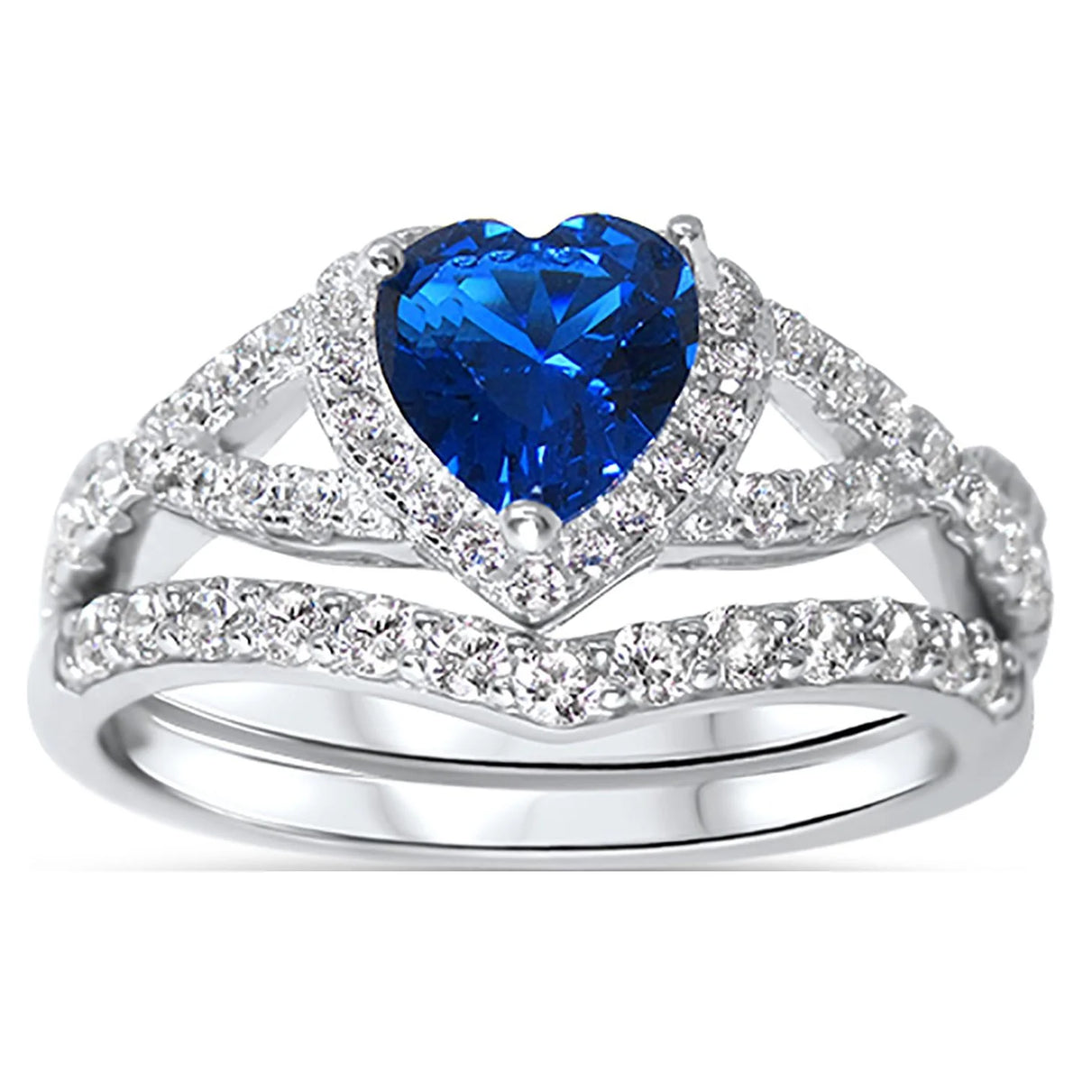 Sterling Blue Sapphire CZ Bridal Wedding Band Engagement Ring Set H65836