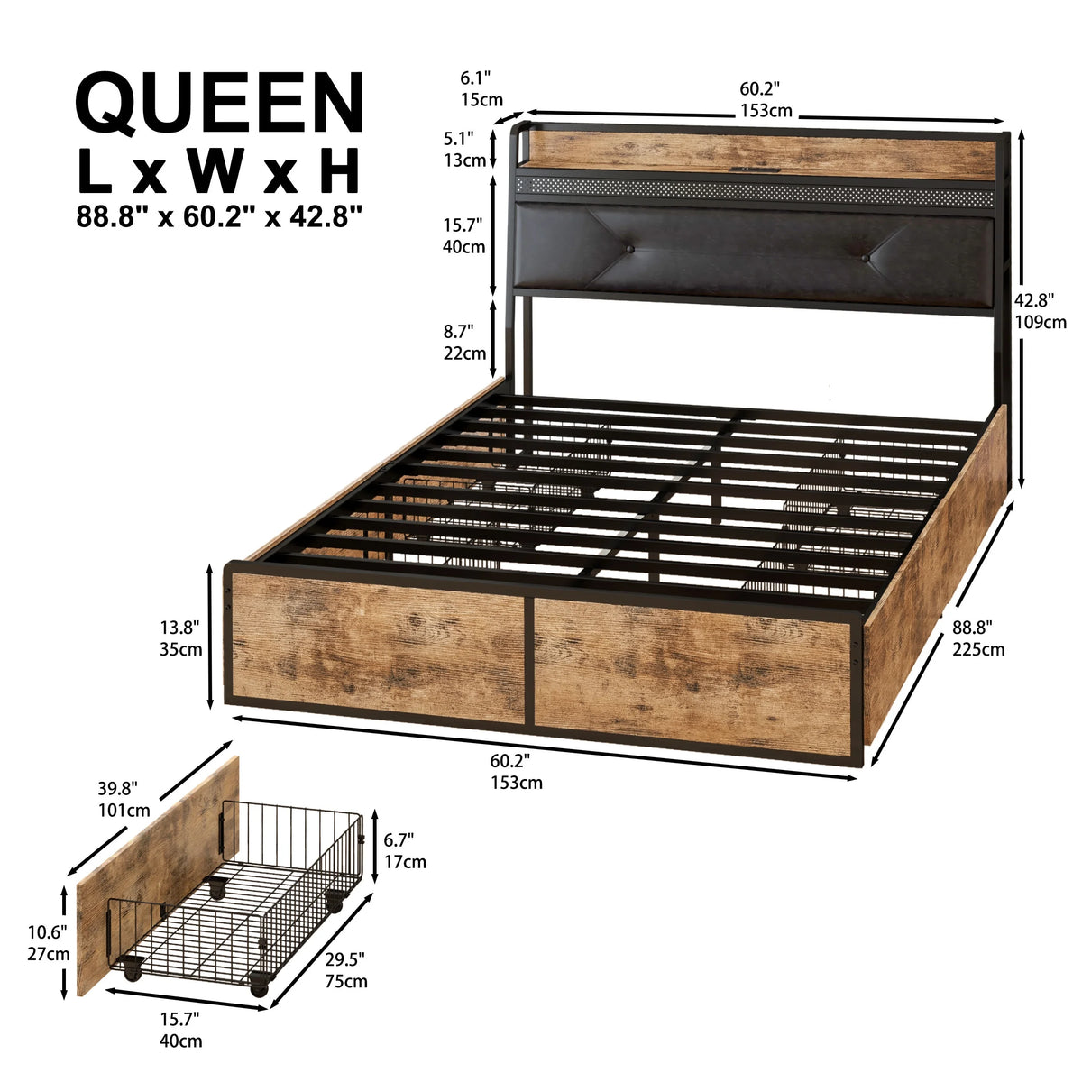 Queen Bed Frame with Upholstered Headboard and 4 Storage Drawers Z573