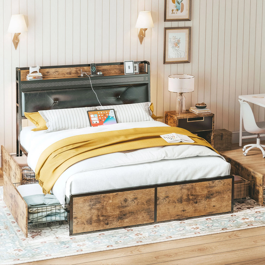 Queen Bed Frame with Upholstered Headboard and 4 Storage Drawers Z573