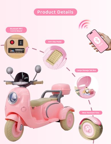 Pink 3 Wheel 12V Electric Ride On Scooter with Storage Compartments H5374