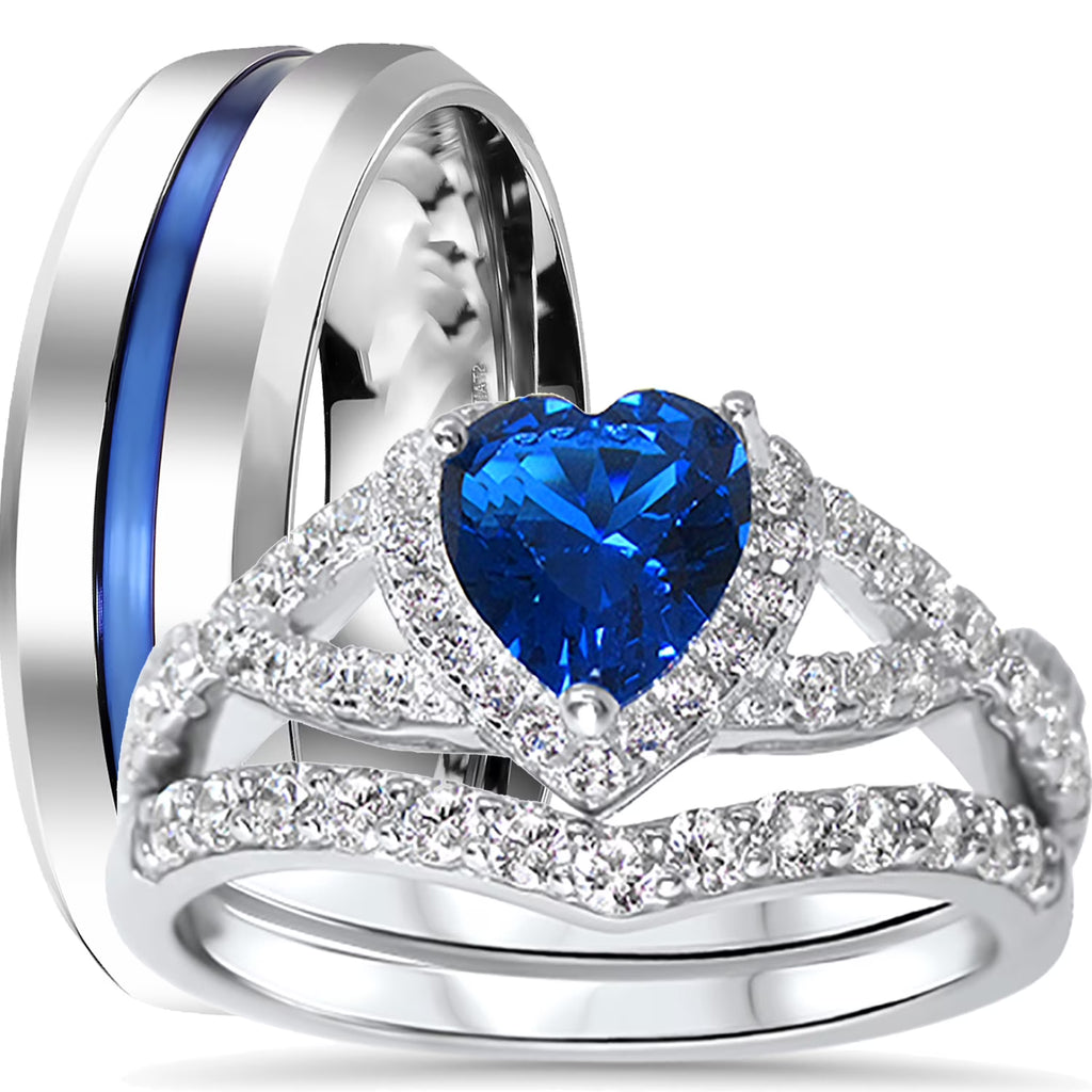 Sterling Blue Sapphire CZ Bridal Wedding Band Engagement Ring Set H65836