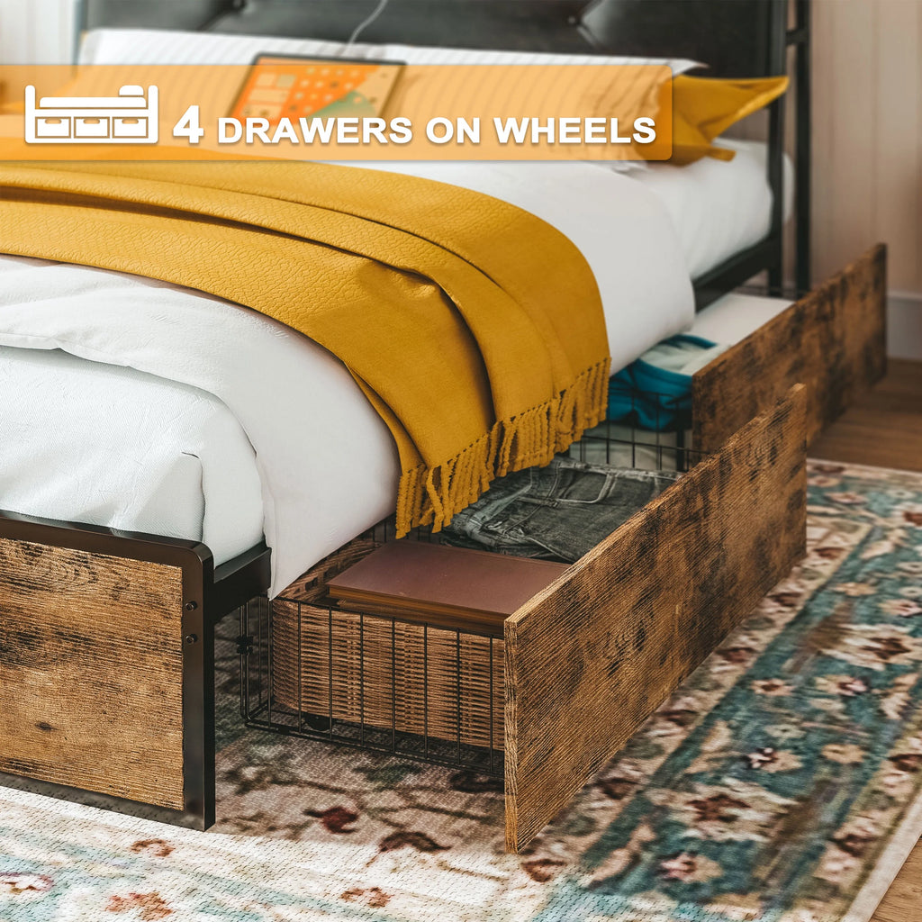 Queen Bed Frame with Upholstered Headboard and 4 Storage Drawers Z573