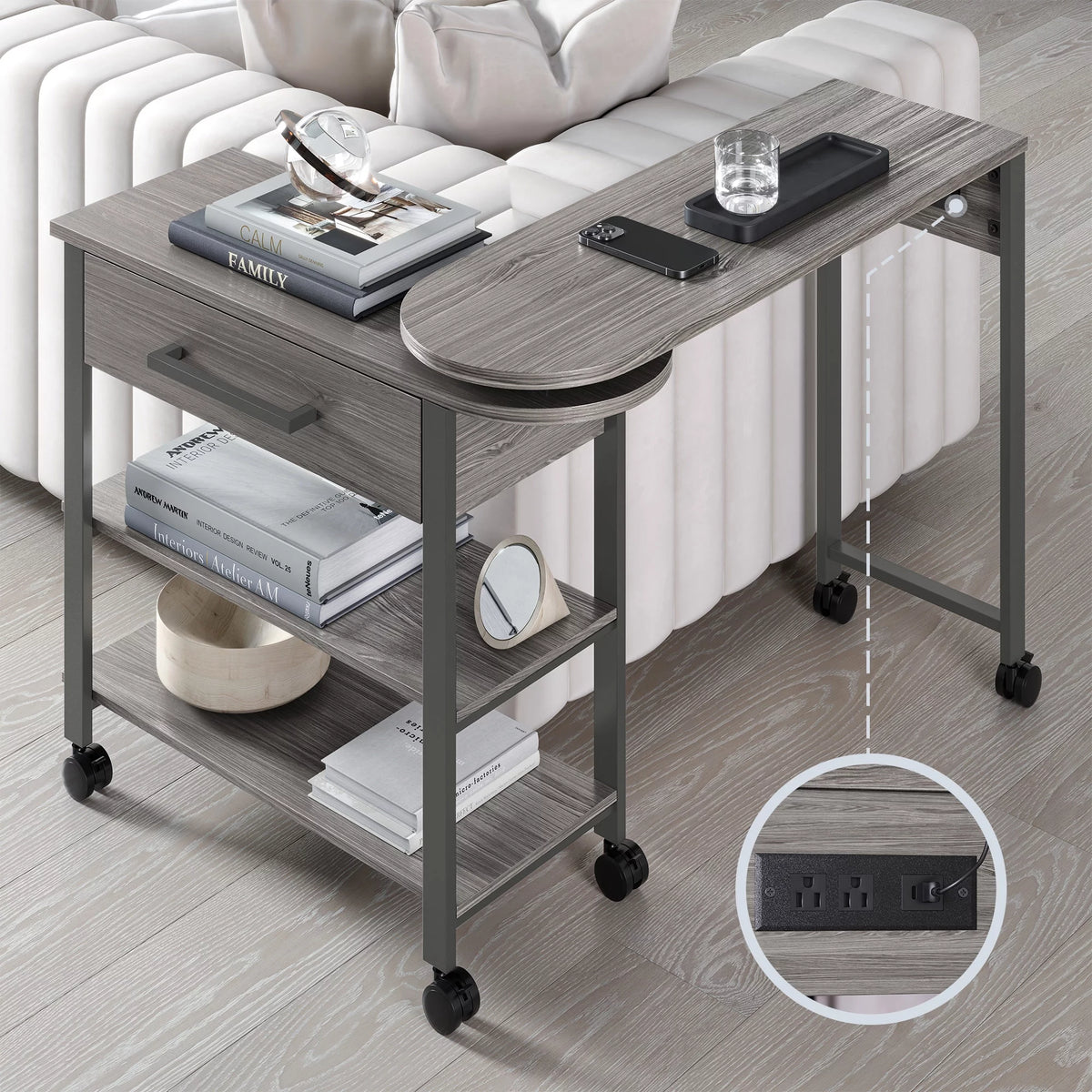 360° Rotating Desk with Charge Station and Storage Drawer T4772