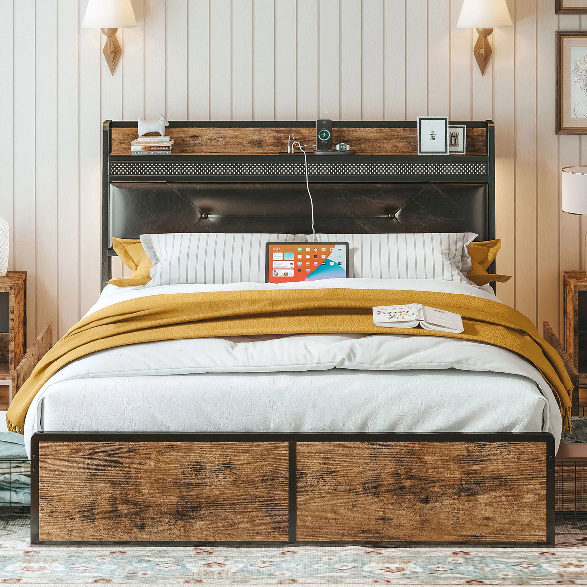 Queen Bed Frame with Upholstered Headboard and 4 Storage Drawers Z573