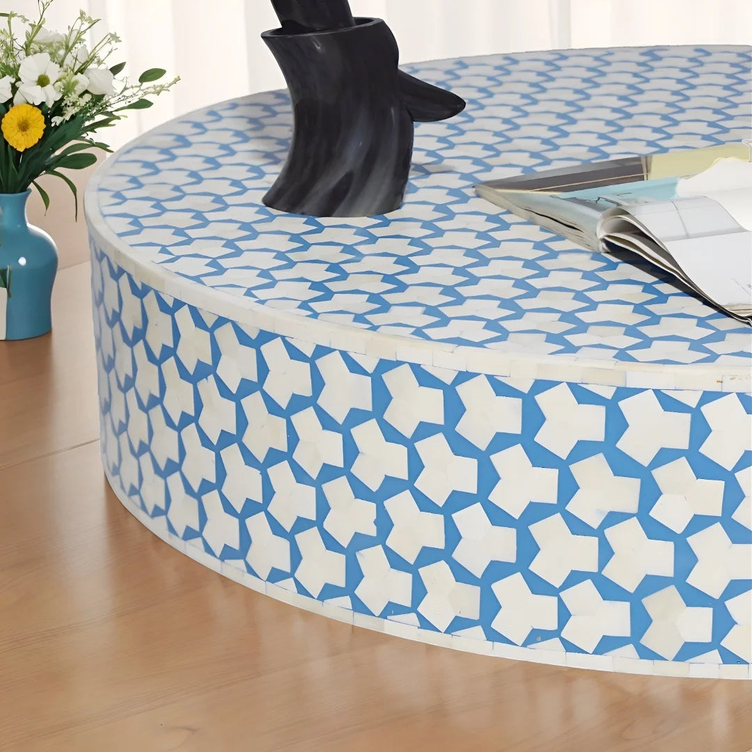 Sky Blue Round Coffee Table with Brass Base O776