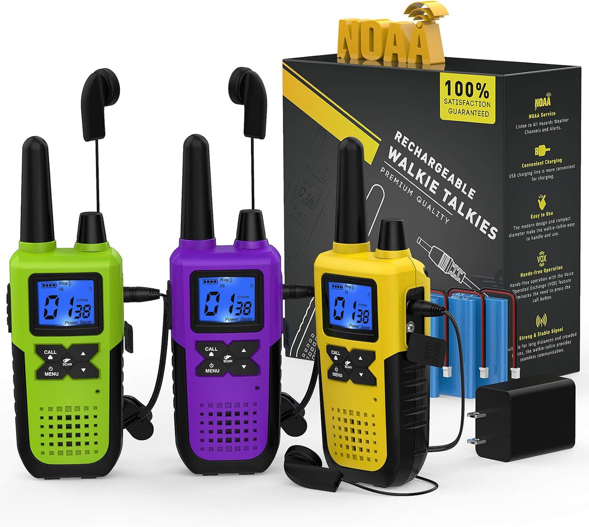 3 Pack Long Range 2 Way Radios with Earpiece and Mic Set USB Charger Battery Weather Alert Y2136