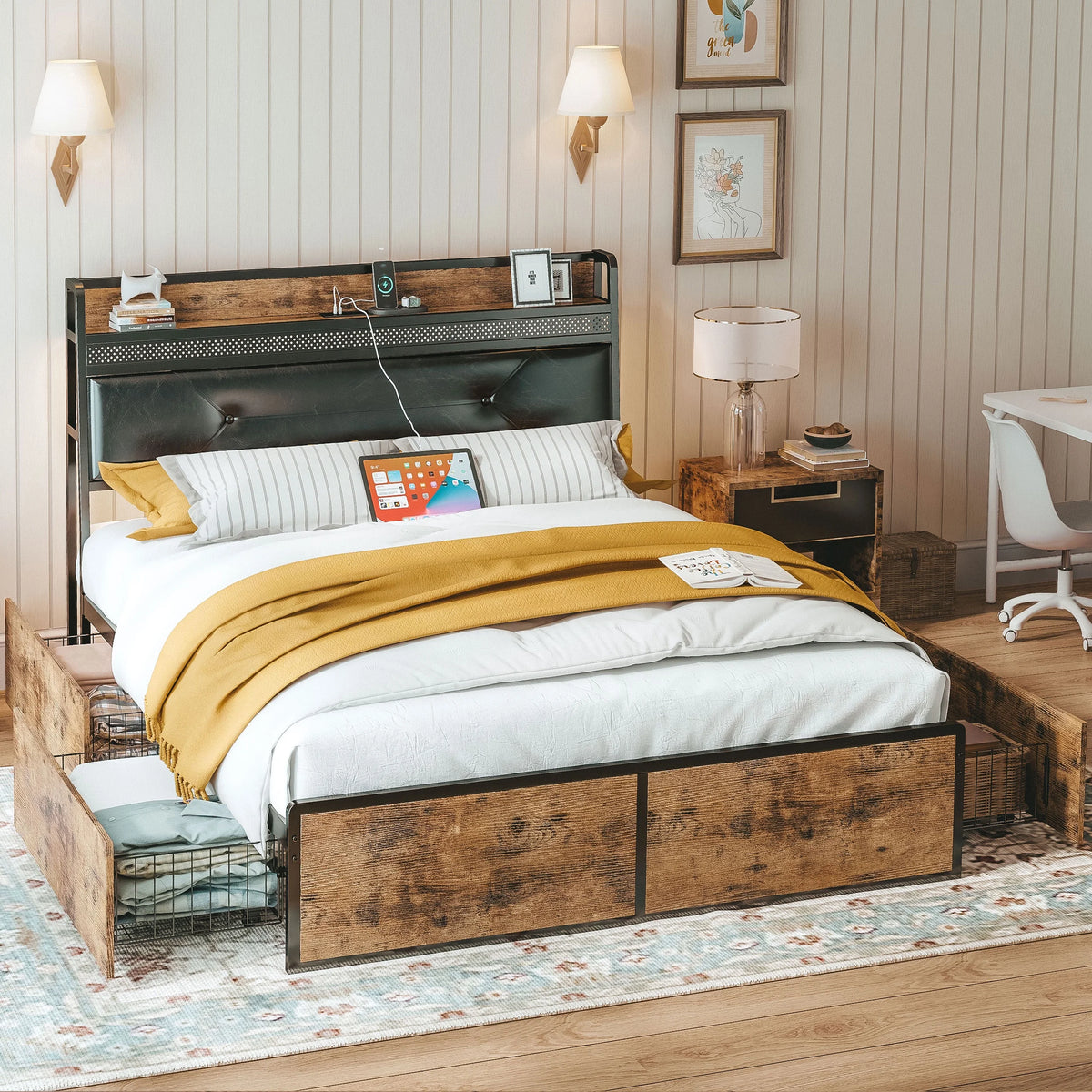 Queen Bed Frame with Upholstered Headboard and 4 Storage Drawers Z573